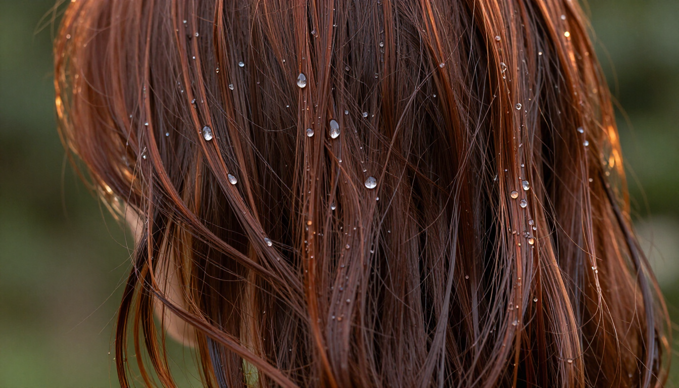 Vibrant shiny hair with water droplets representing hydration and hair health.