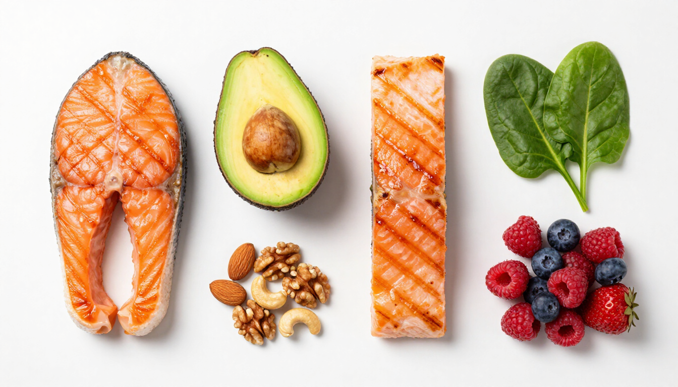Assortment of healthy superfoods including salmon, nuts, and greens for hair growth
