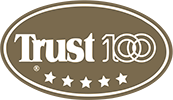 Brown oval “Trust 100” logo with five white stars underneath