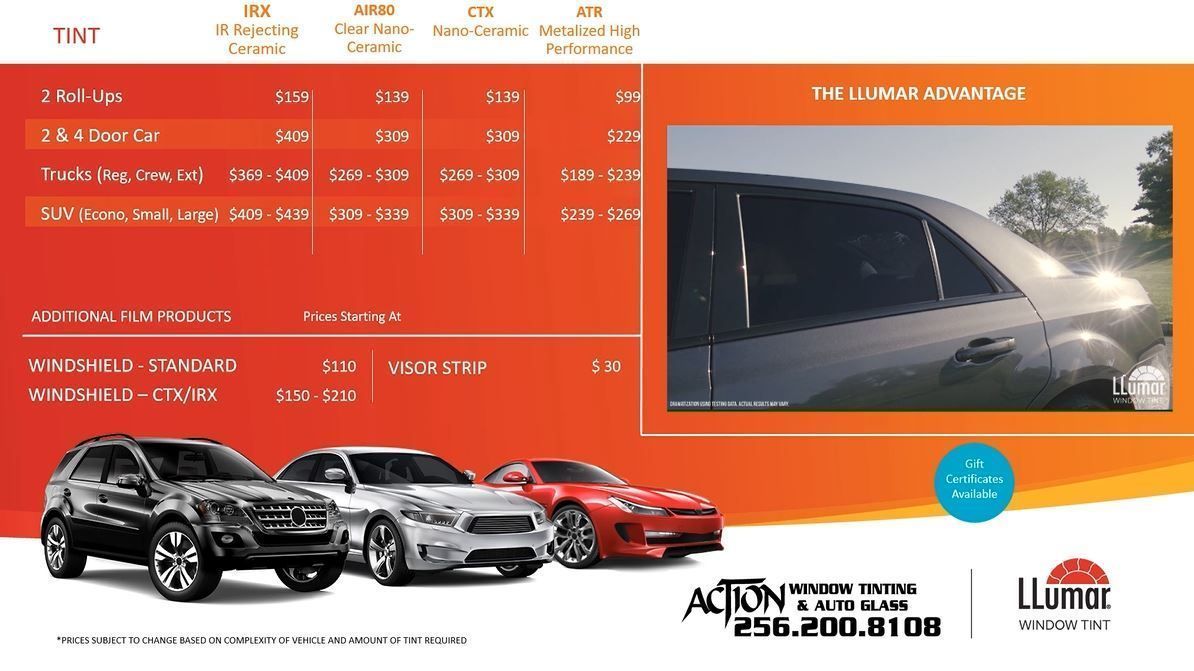 Orange car dealership ad with three cars, pricing table, and a driver-side window close-up in sunlight