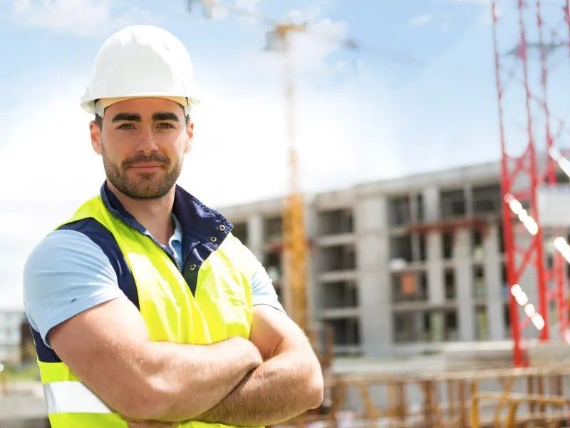 Un homme portant un casque de sécurité et un gilet de sécurité se tient debout, les bras croisés, sur un chantier de construction.