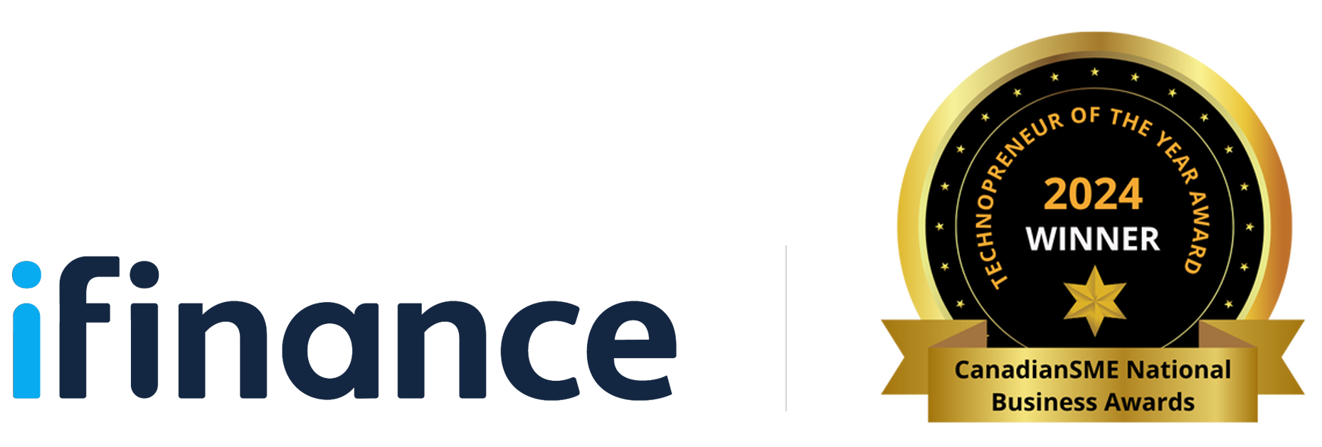 Logo iFinance à côté du badge doré du lauréat 2024 sur fond blanc