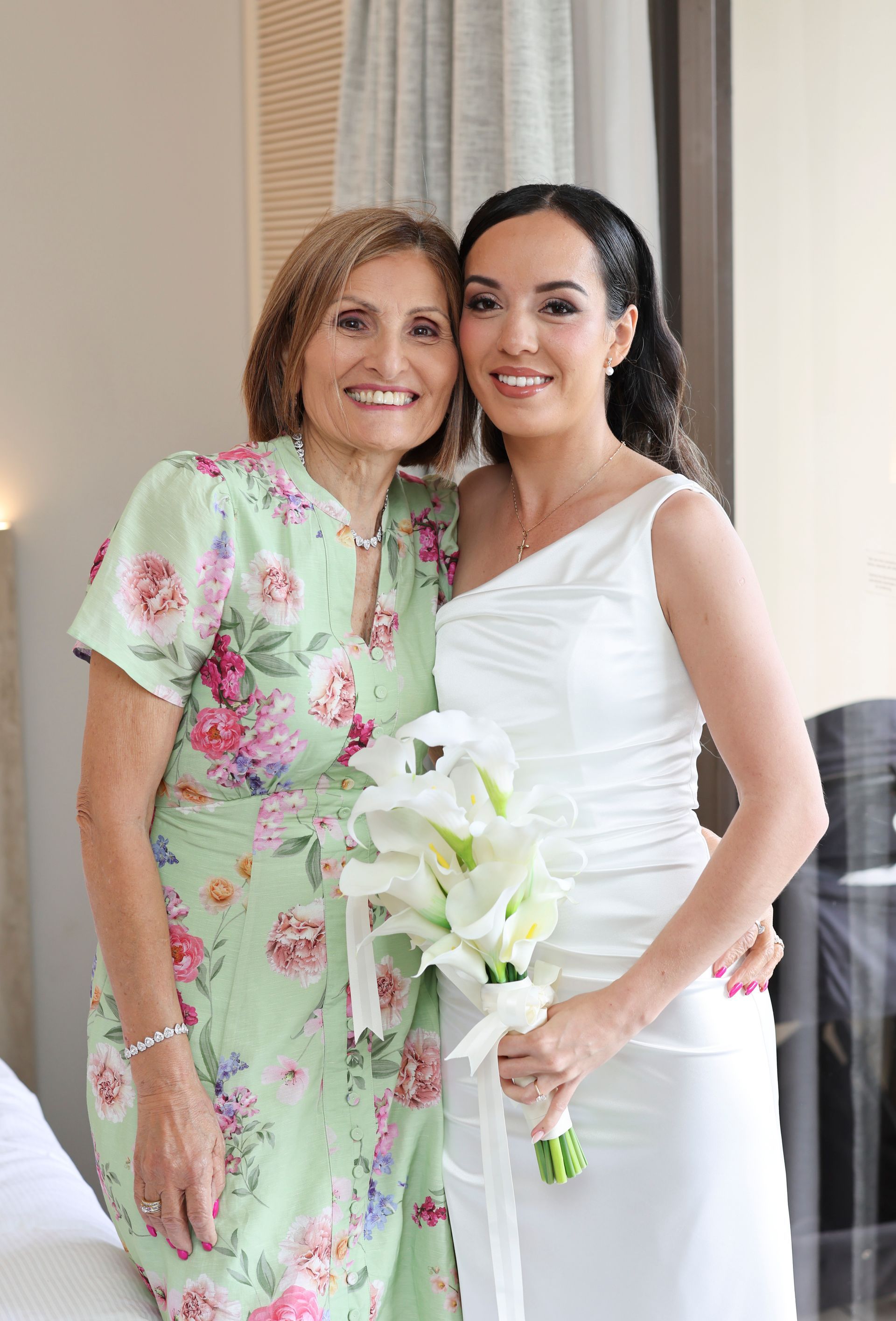 Julia with Gina Posing Indoors, One Holding a White Bouquet, Both Smiling in Formal Dresses — GinaS Cairns Tropical Weddings in Parramatta Park, QLD