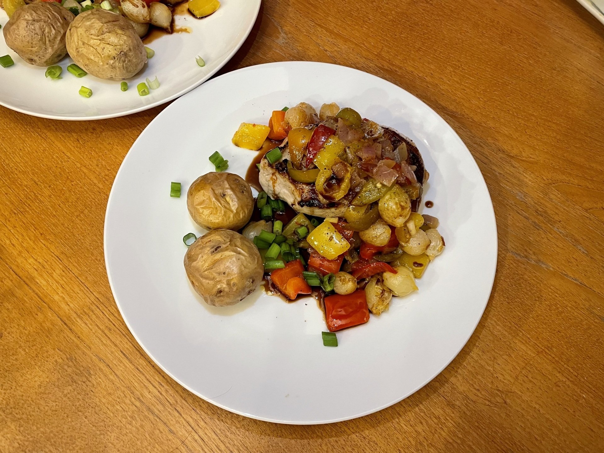 Grilled Pork Chops w Cherry Peppers, Onions, Balsamic Vinegar