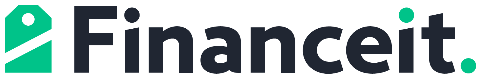 Logo Financeit avec une icône d'étiquette verte et un point vert.