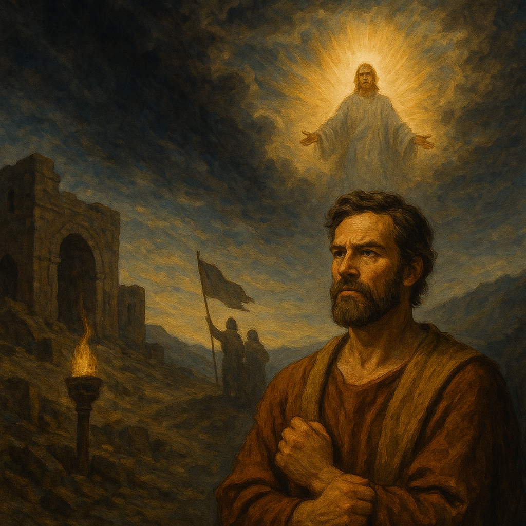 Man looking up at a glowing Jesus figure in the sky, with a dark setting and ruins.