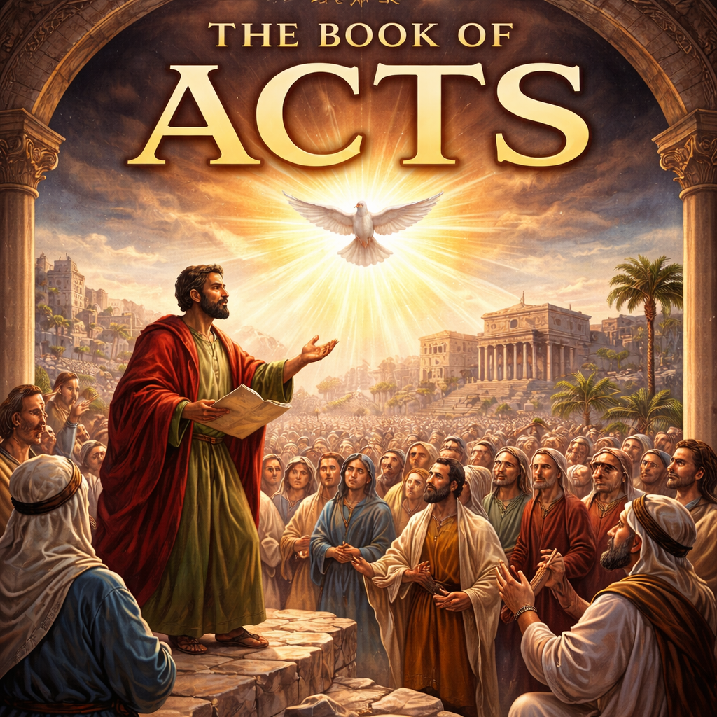 The Book of Acts with a robed man preaching to a crowd beneath a glowing dove and radiant sky