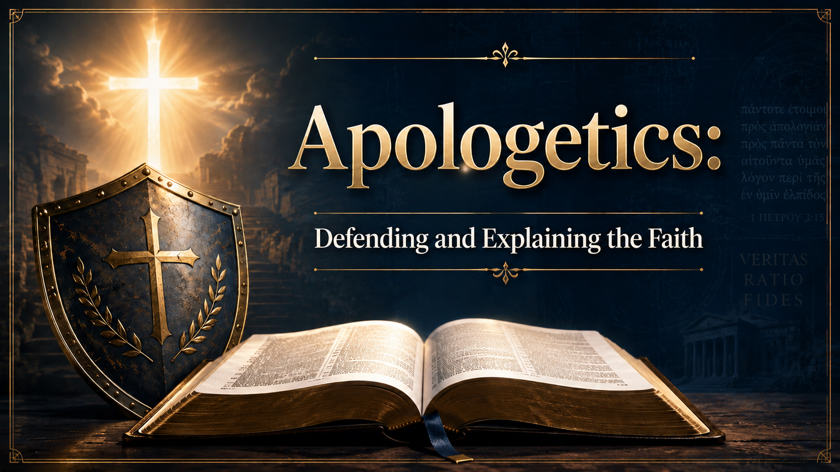 Cross, shield, and open Bible with gold title “Apologetics: Defending and Explaining the Faith”