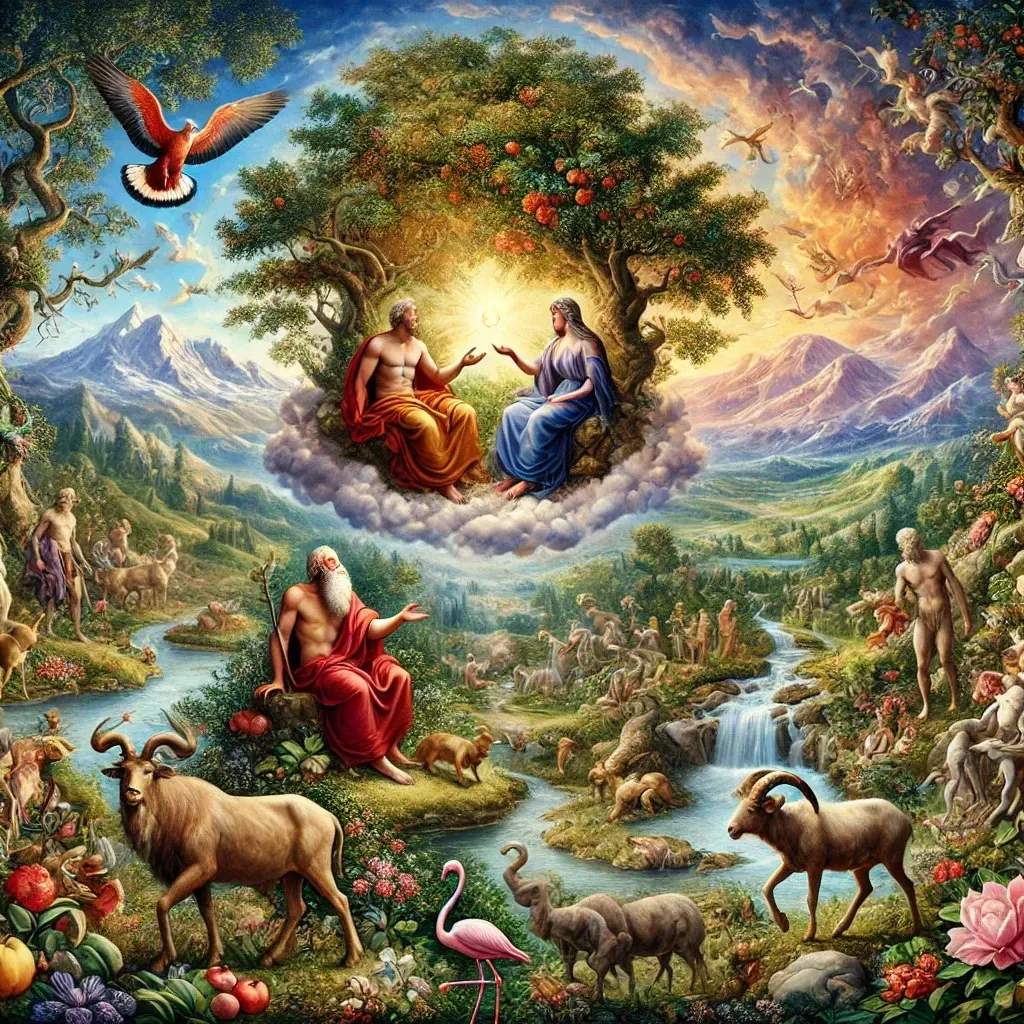 A vibrant Eden scene with a divine couple on a cloud, surrounded by lush flora, fauna, and figures.
