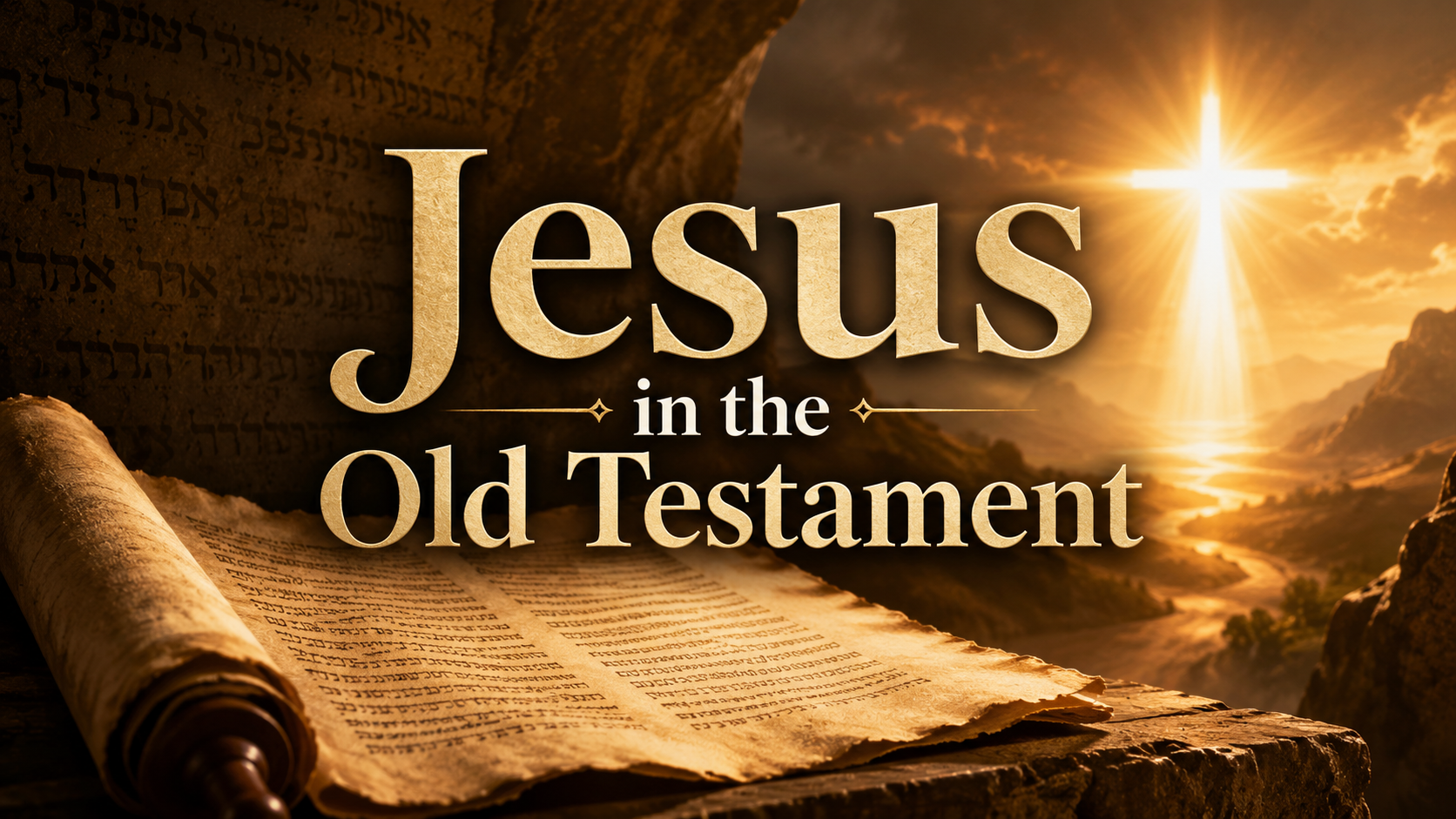 Open Bible with glowing cross and text “Jesus in the Old Testament” at sunset