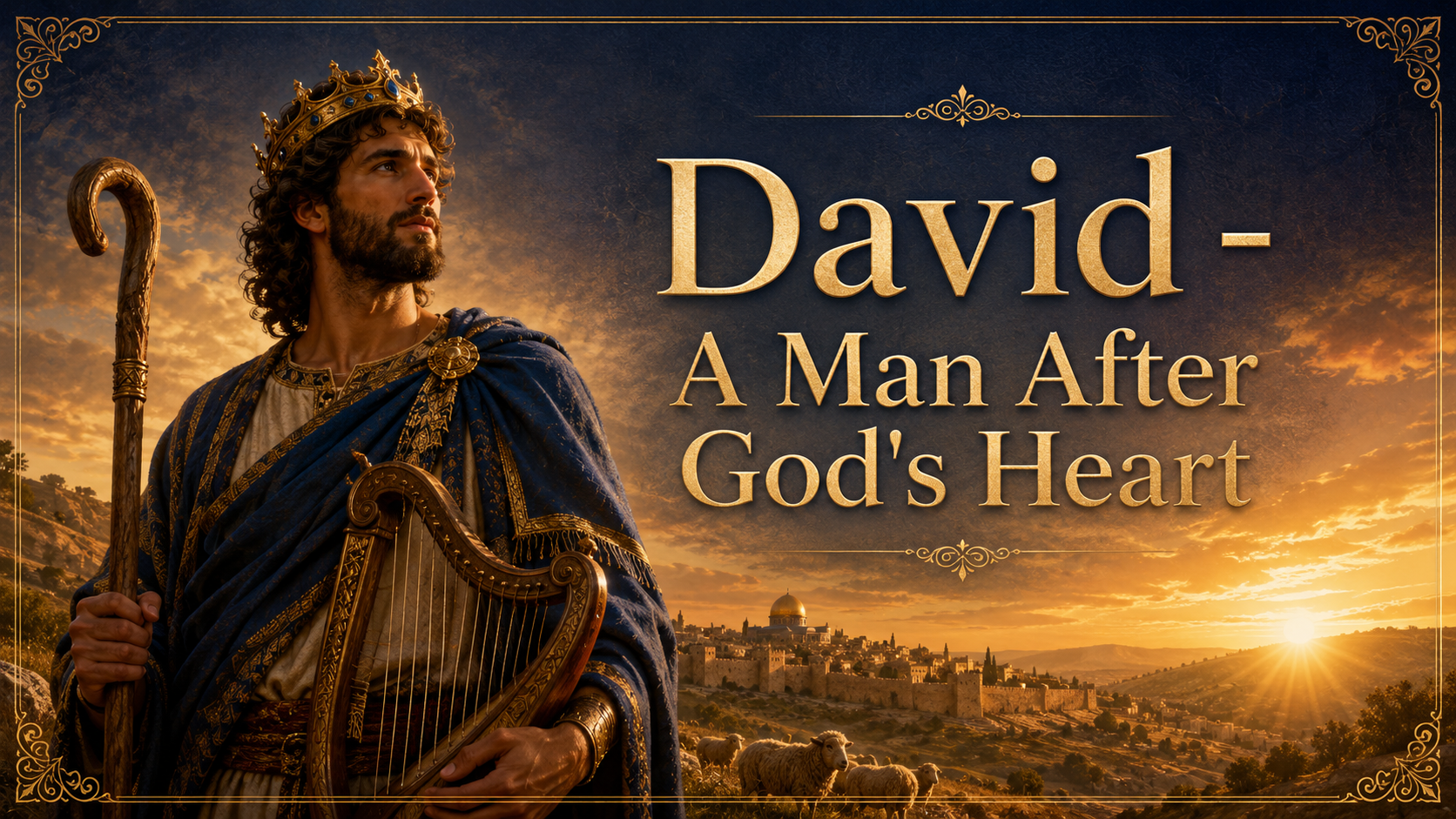 David holding a staff at sunset, with the title “A Man After God’s Heart” beside him.