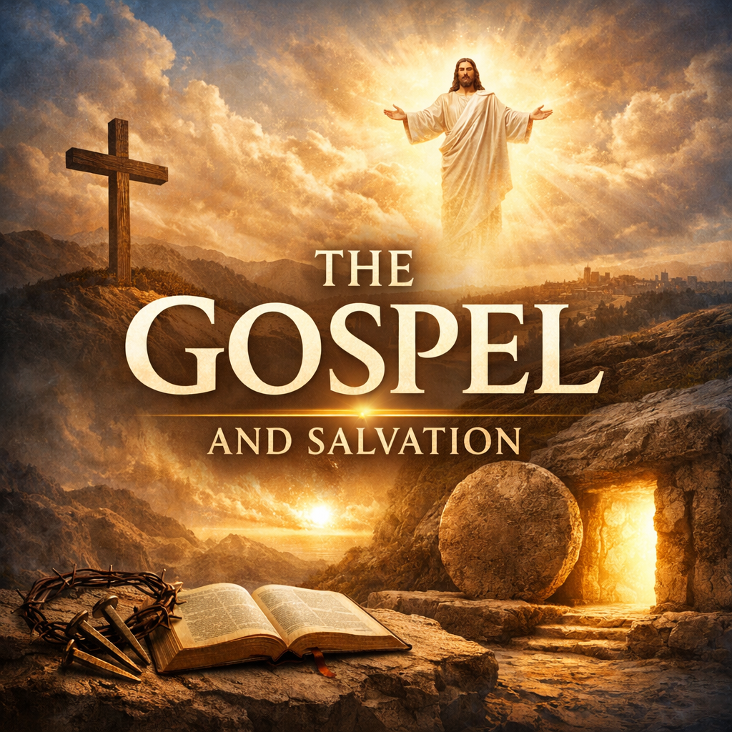 Christian gospel poster with glowing cross, Jesus, open Bible, and text “THE GOSPEL AND SALVATION”