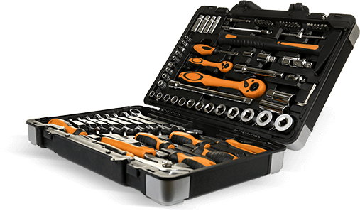 Open toolbox filled with various hand tools in black and orange. | Re-Born Automotive, Inc.