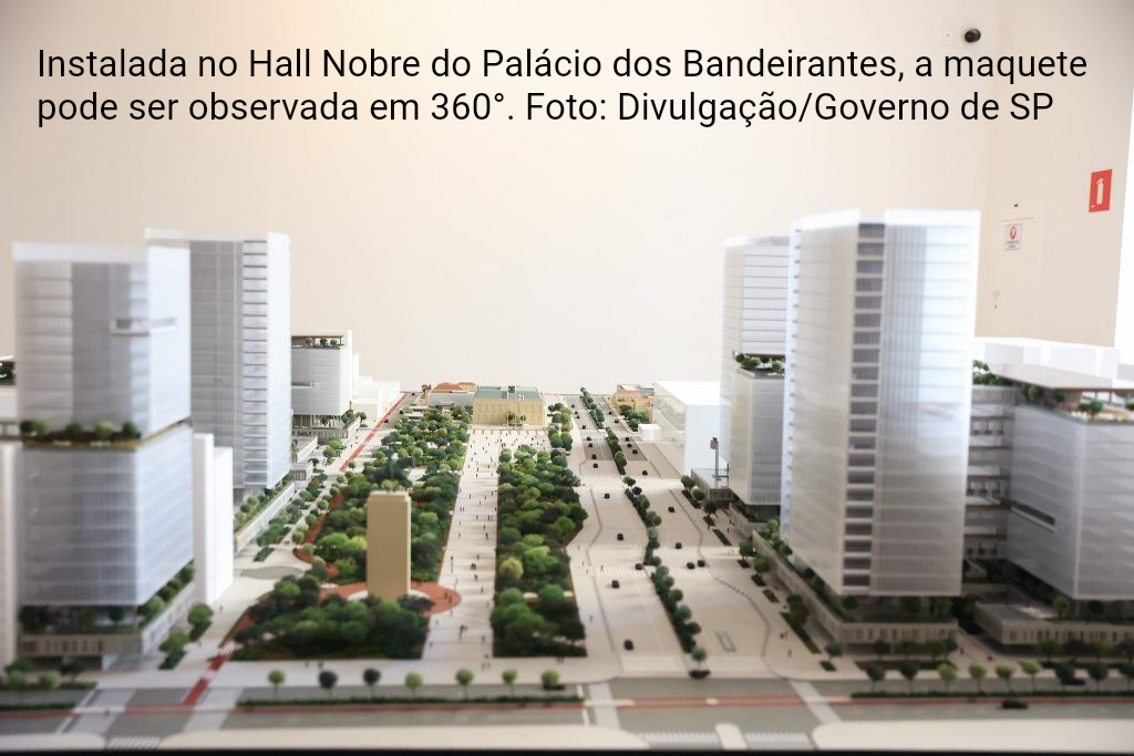Maquete arquitetônica tridimensional de um moderno parque urbano e complexo de edifícios, exposta no Palácio dos Bandeirantes.