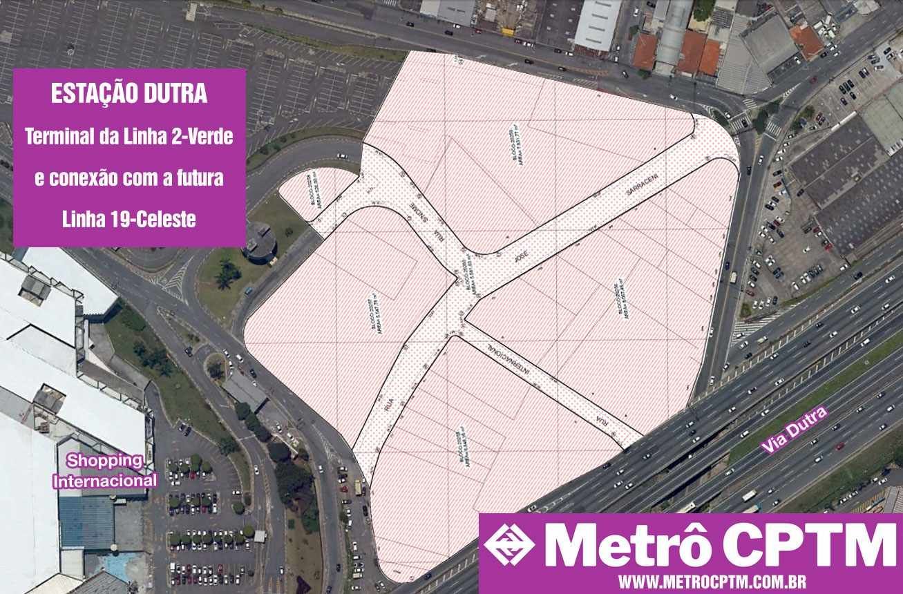 Planta aérea do projeto da estação Dutra, um futuro terminal que ligará a Linha 2-Verde à Linha 19-Celeste, próximo à Via Dutra, no Brasil.