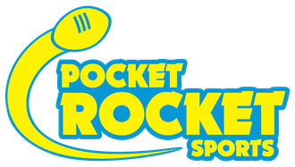 Logo for Pocket Rocket Sports: Yellow football in a curve, blue text on white.