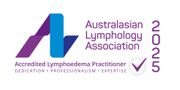 Australasian Lymphology Association 2025 Accredited Lymphoedema Practitioner logo in purple and blue