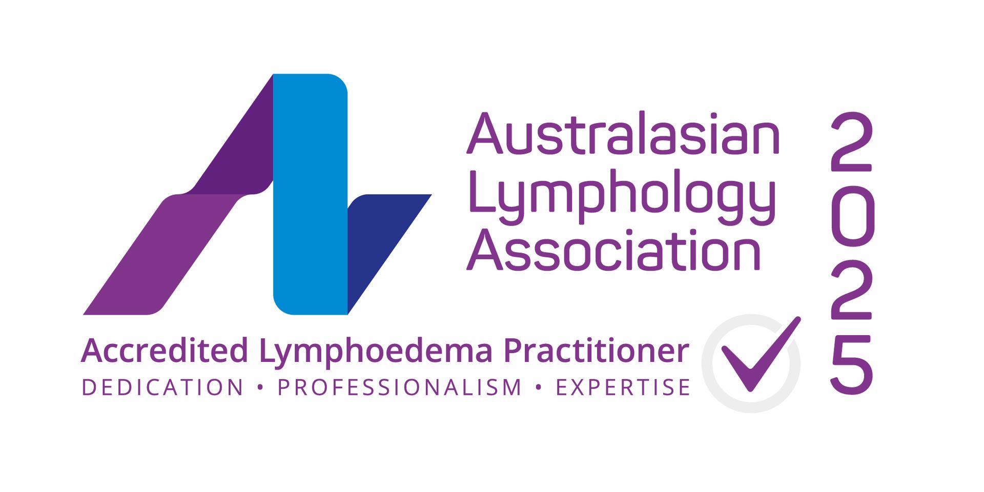 Australasian Lymphology Association 2025 Accredited Lymphoedema Practitioner logo in purple and blue