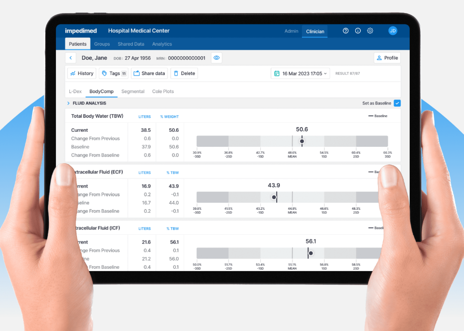 Hands holding a tablet displaying a blue sports statistics dashboard with charts and numbers