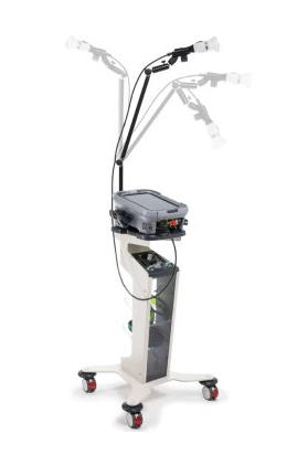 Mobile medical laser device on wheeled stand with adjustable arm and control unit