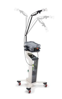 Medical device on a wheeled stand with adjustable arms and a control unit