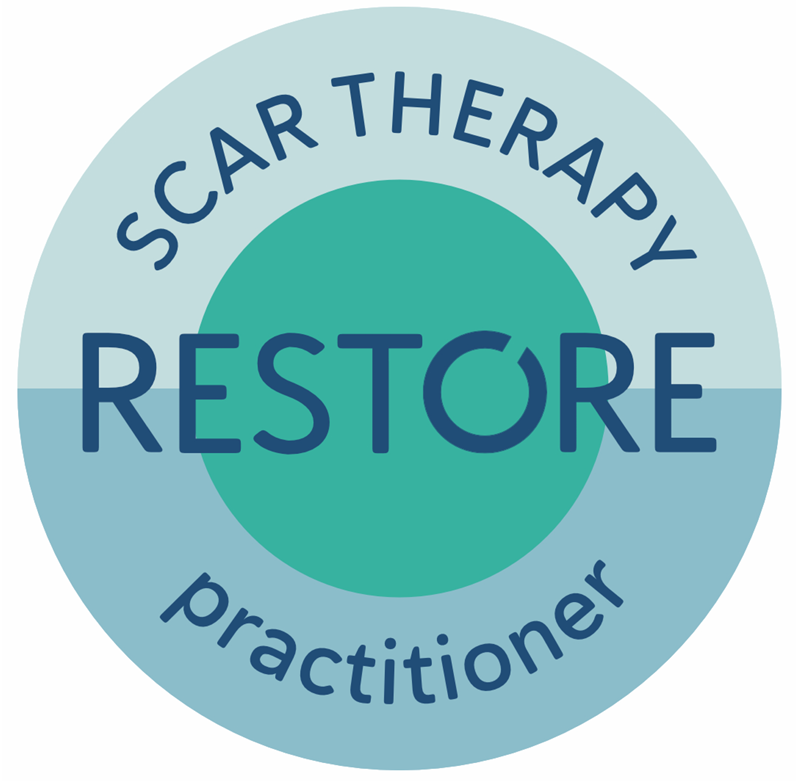 Circular logo for “Scar Therapy Restore Practitioner” in blue and teal with a green center.