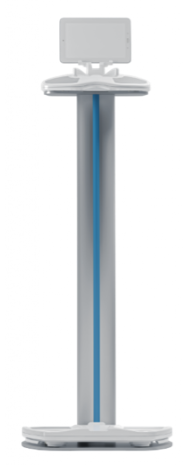 Silver and white standing basketball hoop with a blue support pole on a white background