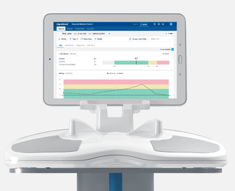 Tablet mounted on a white clinical device showing a medical dashboard with colored charts