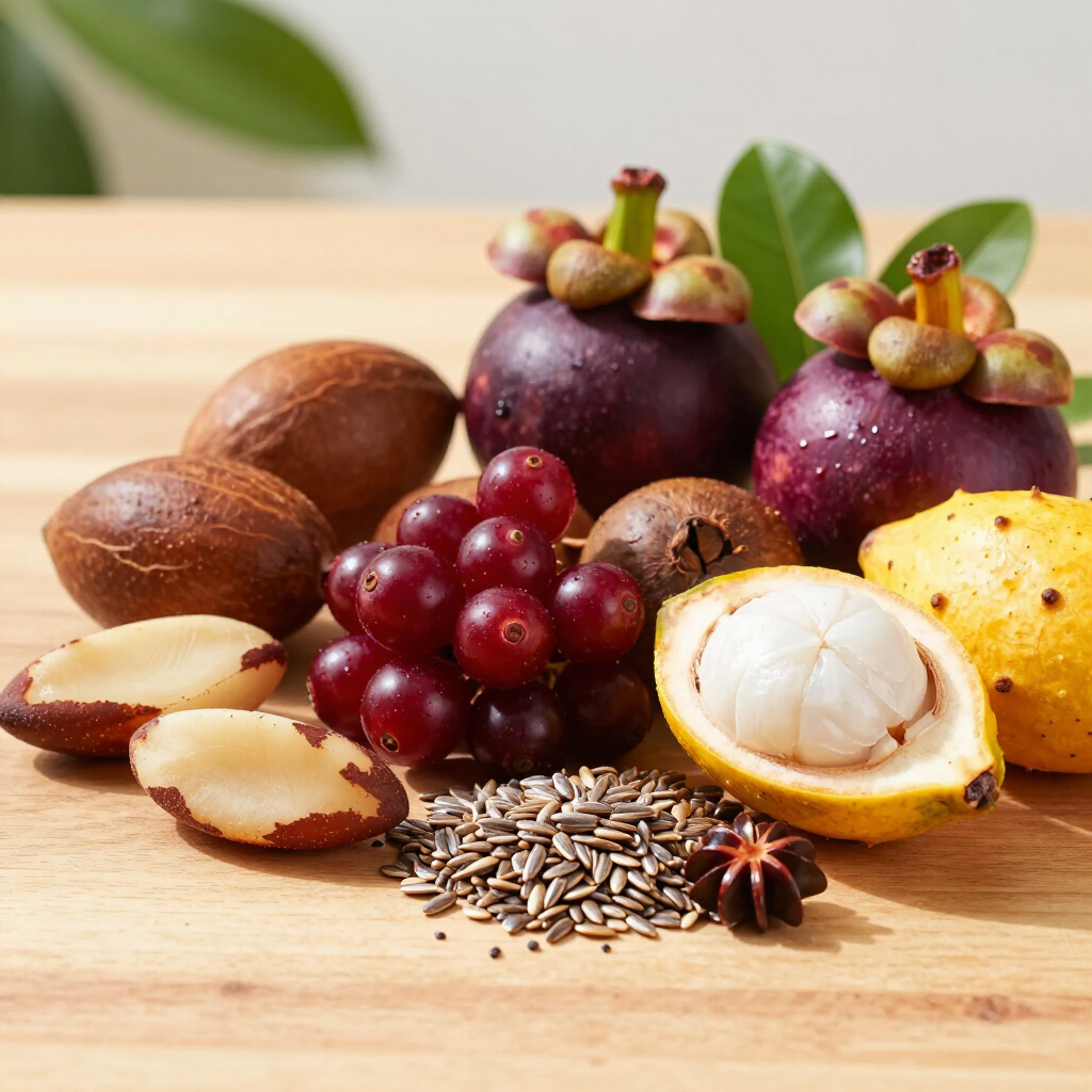 Variedad de frutas y semillas tropicales sobre una mesa de madera, entre ellas mangostán, uvas y maracuyá.