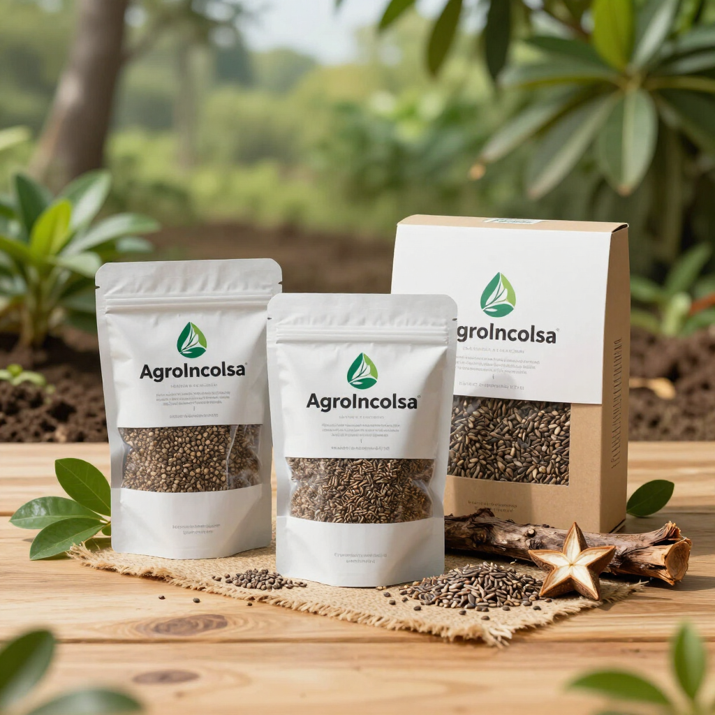 Bolsas y caja de café Agrolcolsa sobre una mesa de madera con granos de café y hojas en un entorno verde al aire libre.