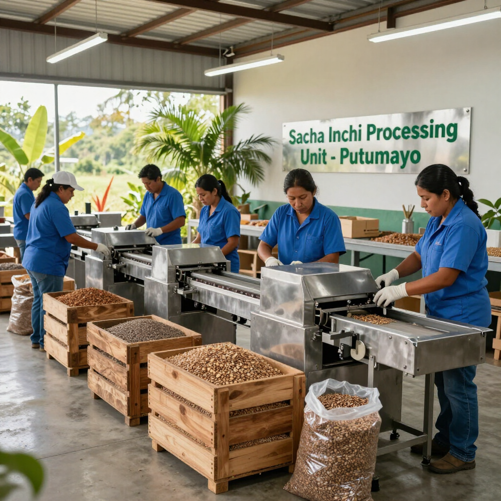 Trabajadores clasificando semillas de sacha inchi en una línea de procesamiento en la Unidad de Procesamiento de Sacha Inchi, Putumayo.