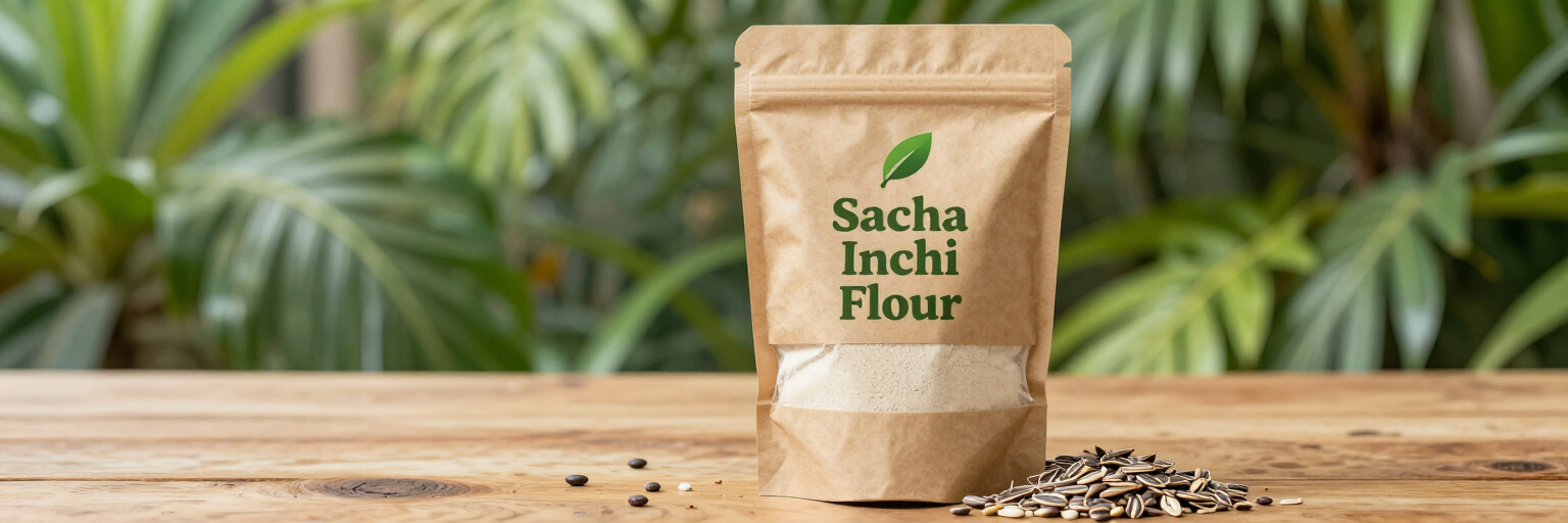 Bolsa de harina de sacha inchi sobre una mesa de madera con semillas, sobre un fondo verde frondoso.