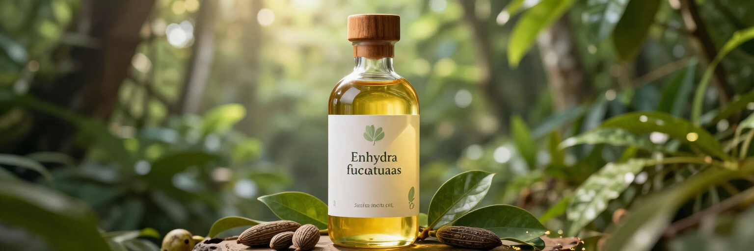 Botella de vidrio con aceite amarillo en un entorno boscoso con hojas verdes y luz solar cálida.