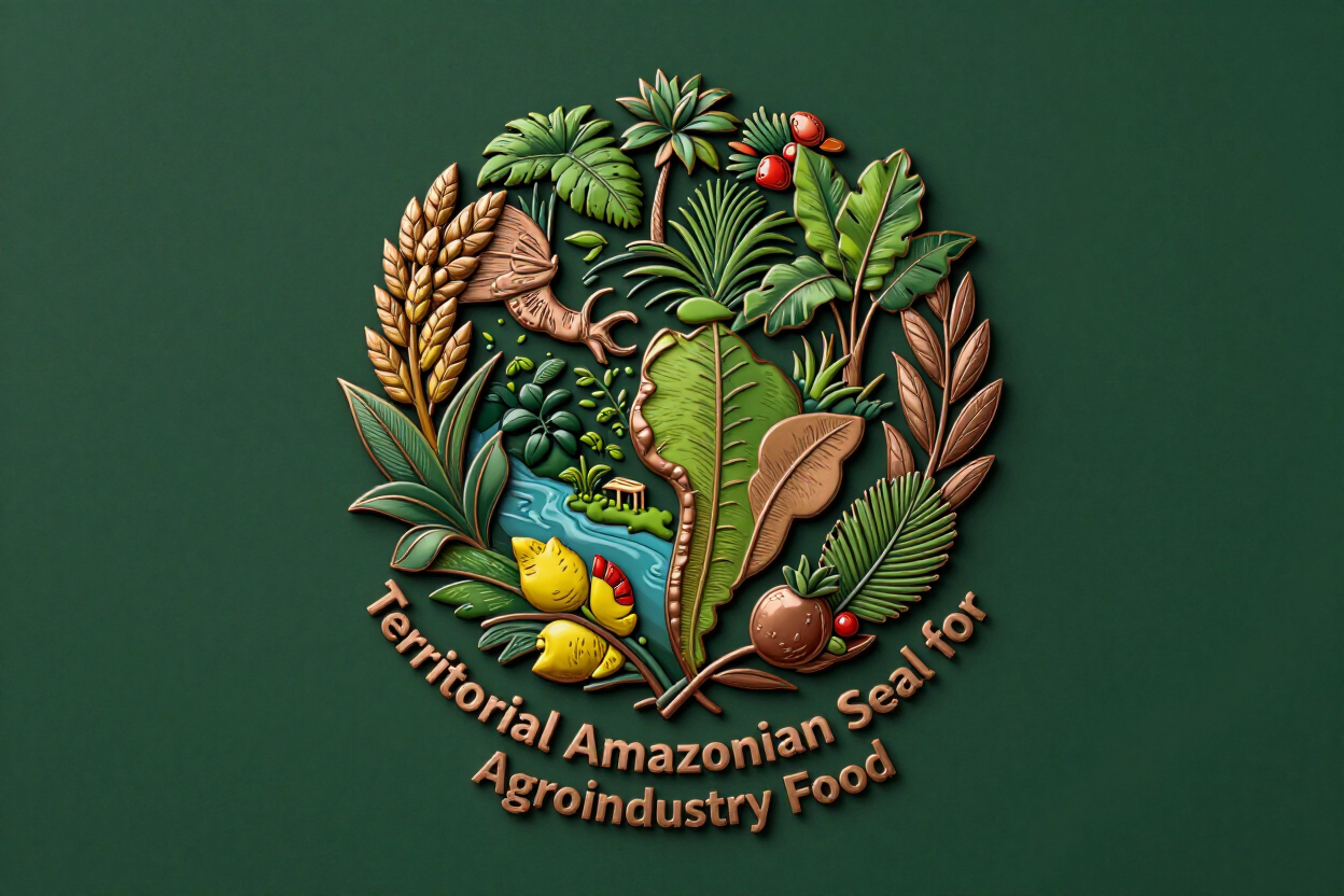 Logotipo con un sello amazónico y cultivos, con la inscripción “Sello Territorial Amazónico para la Agroindustria Alimentaria”.