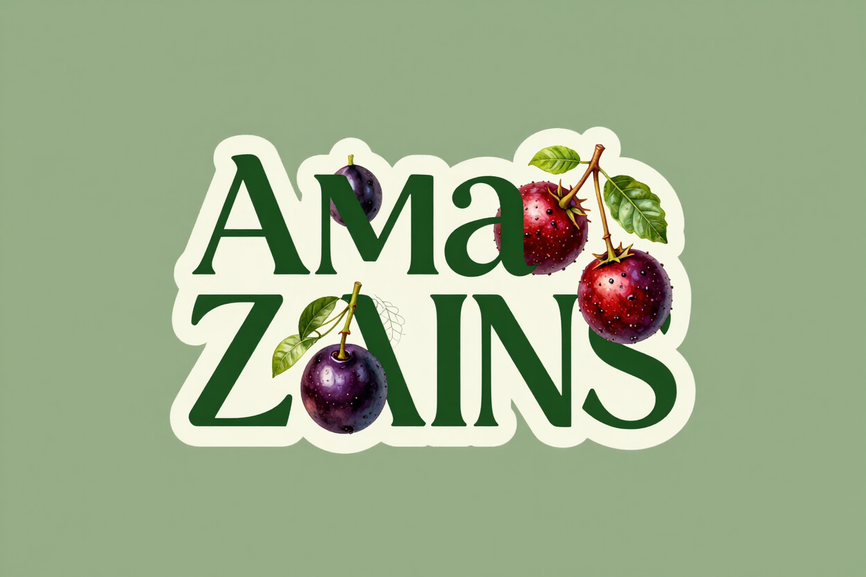 Logotipo de Amazins con texto verde y bayas de color rojo púrpura sobre un fondo verde claro.