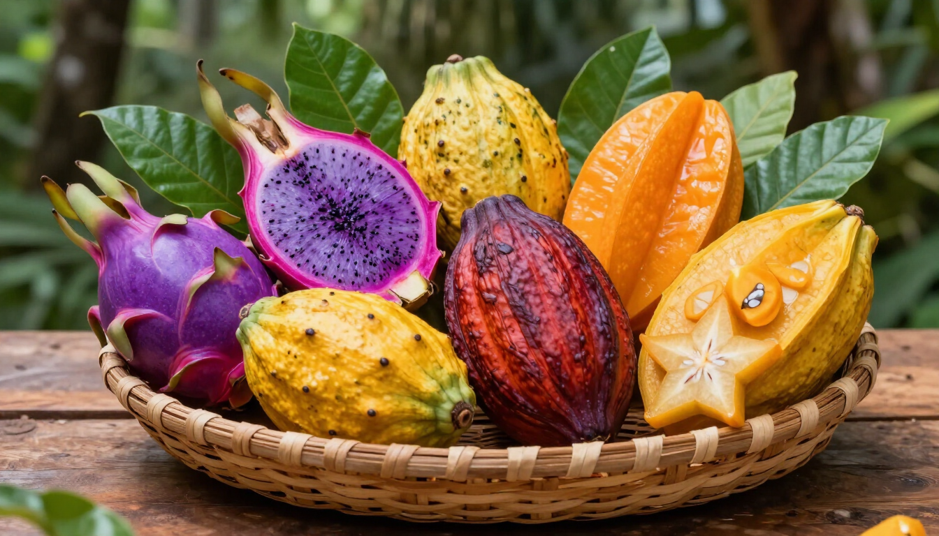 Cesta con coloridas variedades de fruta del dragón, una de ellas cortada por la mitad sobre una mesa de madera.