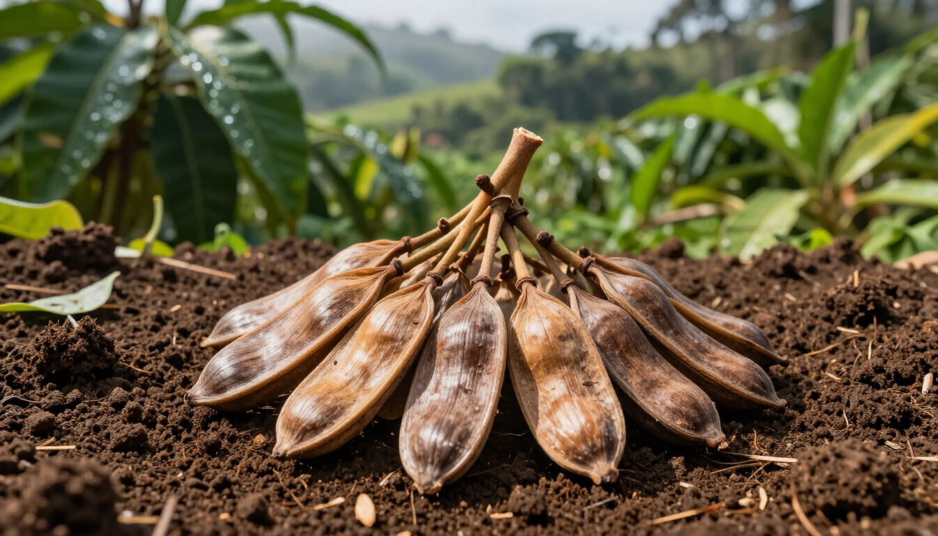 Vainas de cacao recién cosechadas sobre tierra con plantas verdes al fondo.