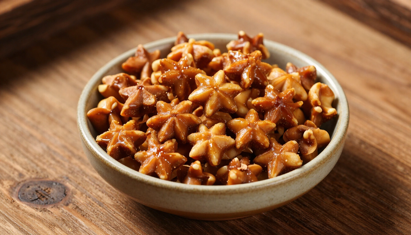 Bol de pasteles glaseados con caramelo y cubiertos con nueces picadas sobre una mesa de madera.