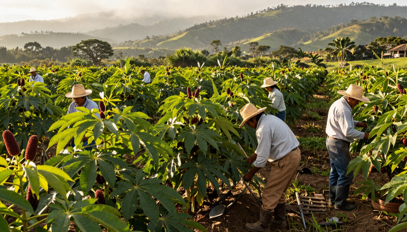 Trabajadores agrícolas con sombreros cosechando cultivos en un campo soleado con colinas al fondo.