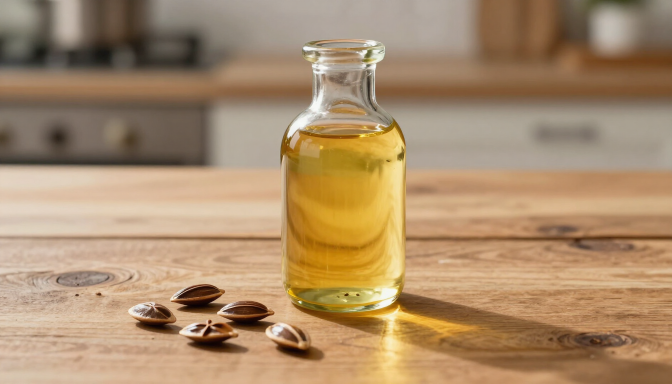 Botella de aceite dorado sobre una mesa de madera con semillas esparcidas y un fondo de cocina borroso.