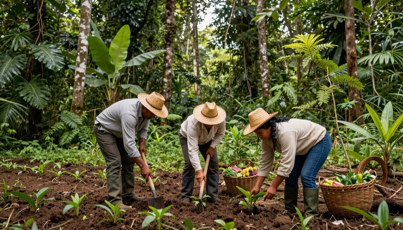 Tres personas plantando plantones en un jardín exuberante, con sombreros puestos y trabajando la tierra.