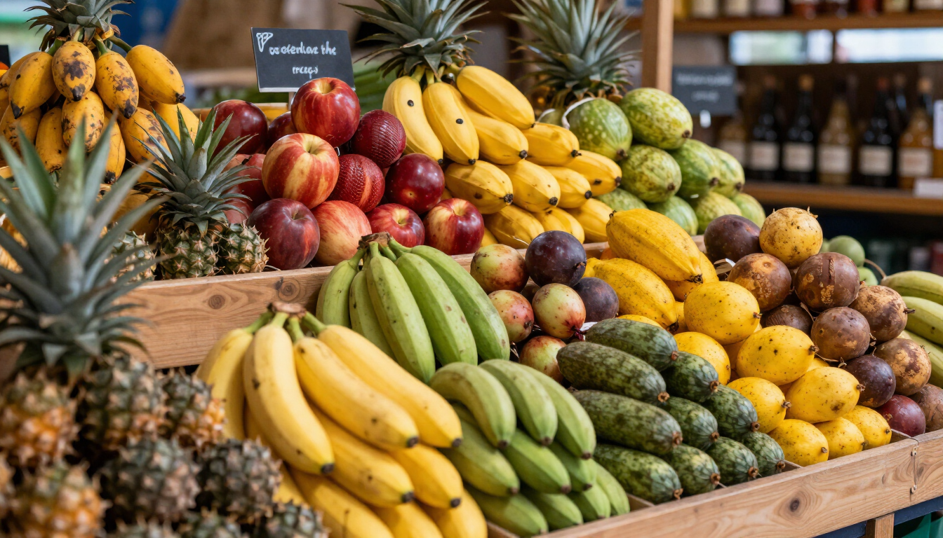 Exhibición colorida de frutas tropicales variadas apiladas en una mesa de puesto de mercado.