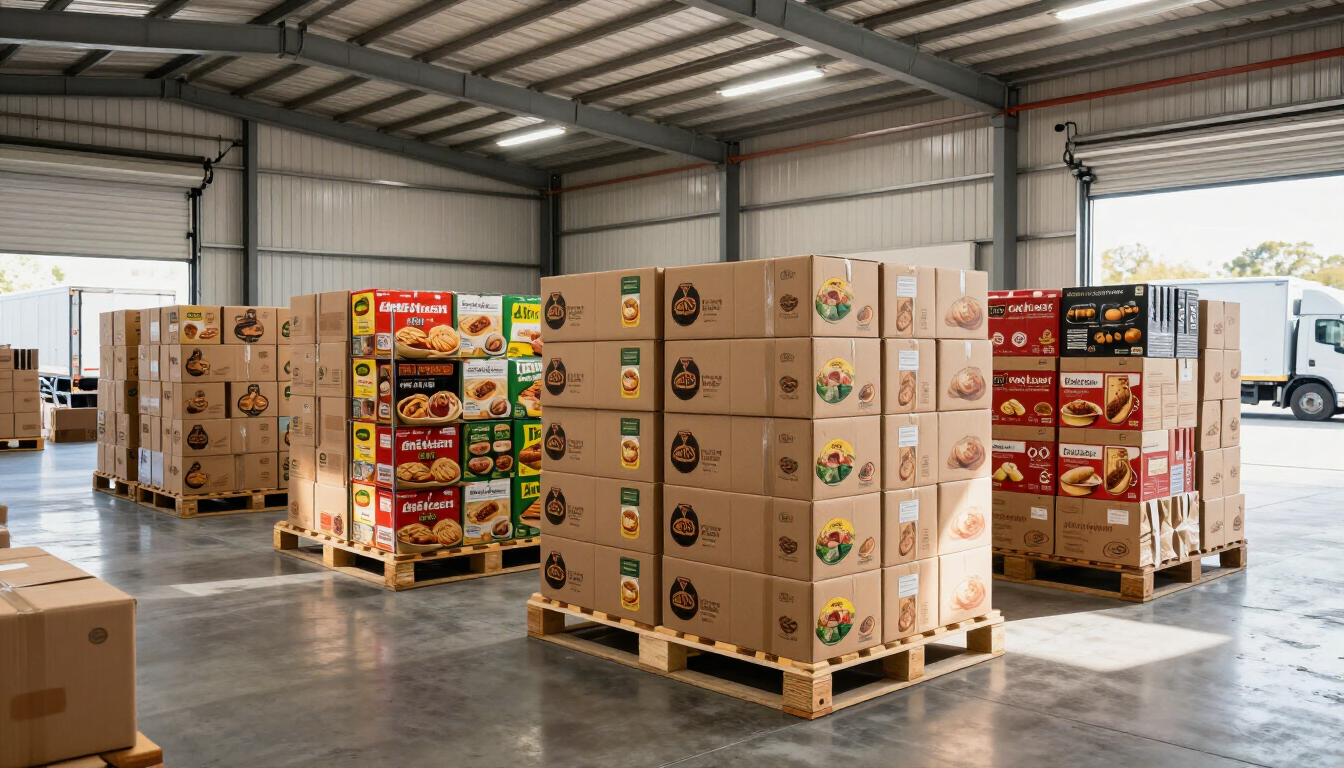 Almacén con palés apilados de cajas de alimentos y suministros sobre un suelo de hormigón pulido.