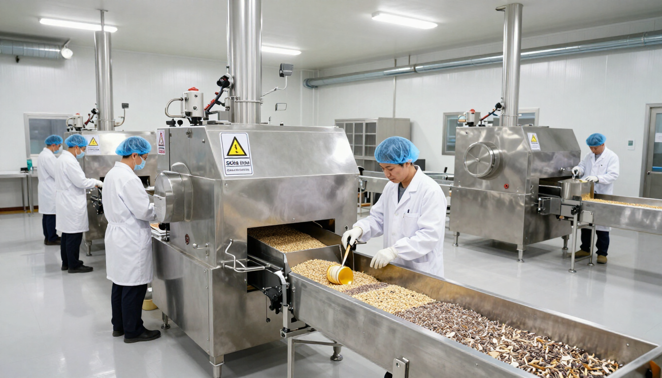 Trabajadores con batas blancas y redecillas azules para el cabello manejan maquinaria en una planta de procesamiento de alimentos limpia.