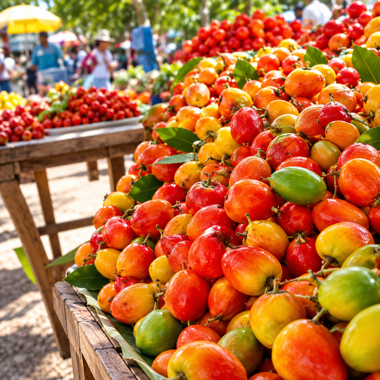 Botellas de aceite de oliva variadas, productos envasados y frutas frescas expuestas sobre una mesa.