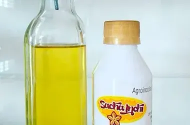 Dos botellas de aceite de cocina, una de vidrio y otra de plástico blanco con tapones amarillos, sobre un fondo blanco.