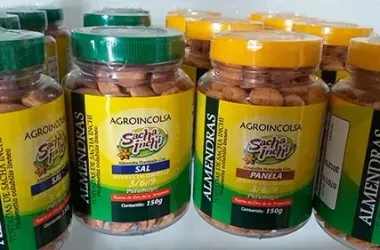 Fila de botellas de agroquímicos con tapas verdes y amarillas y etiquetas en español en un estante de la tienda.