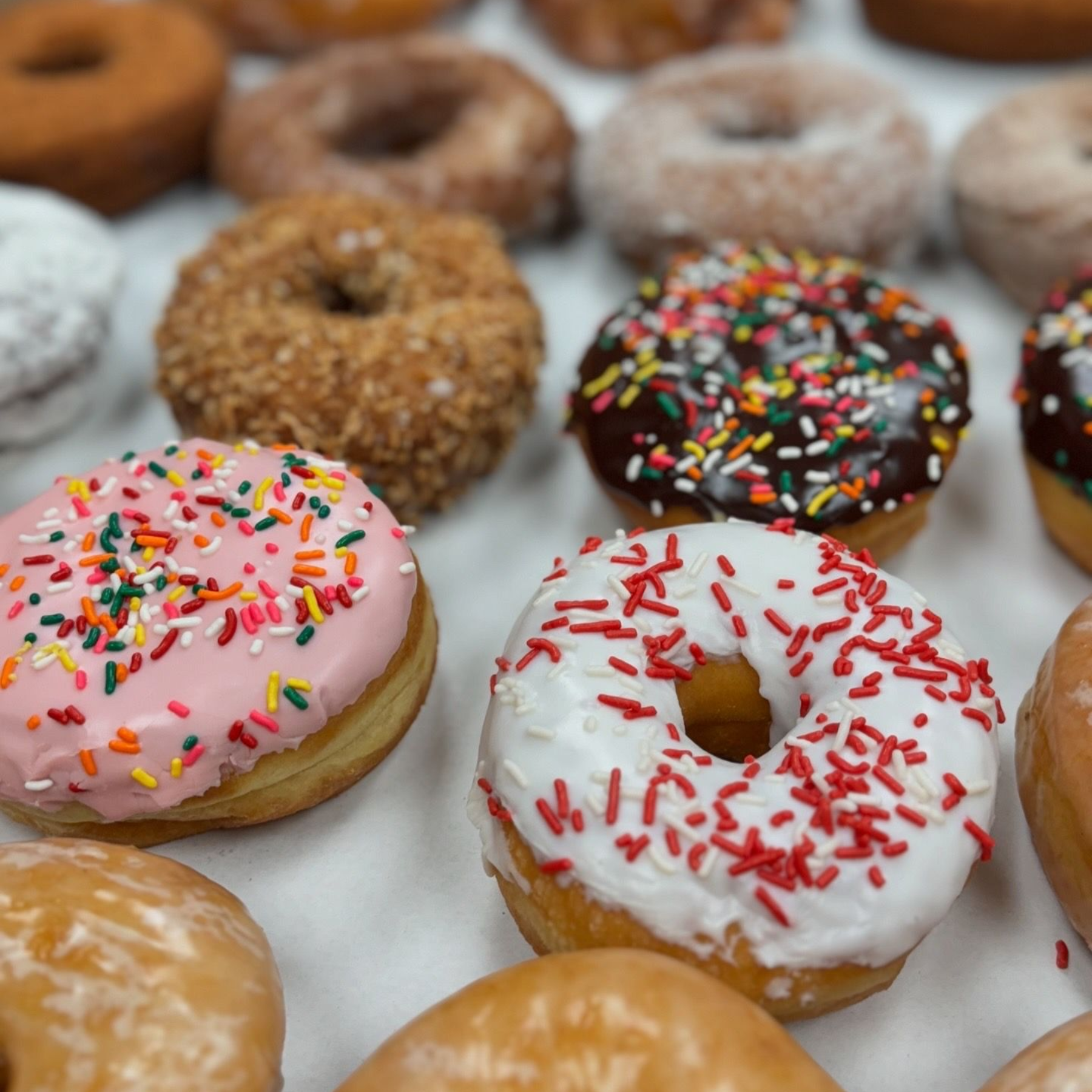 Rows of glazed donuts