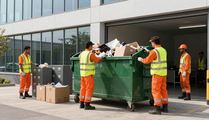 Workers in orange safety gear empty cardboard into a green recycling dumpster outside an office building