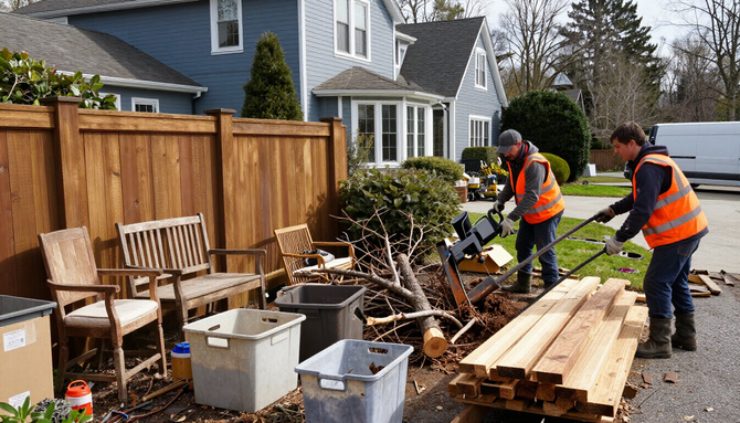 Workers in orange vests clear debris beside a house and wood fence